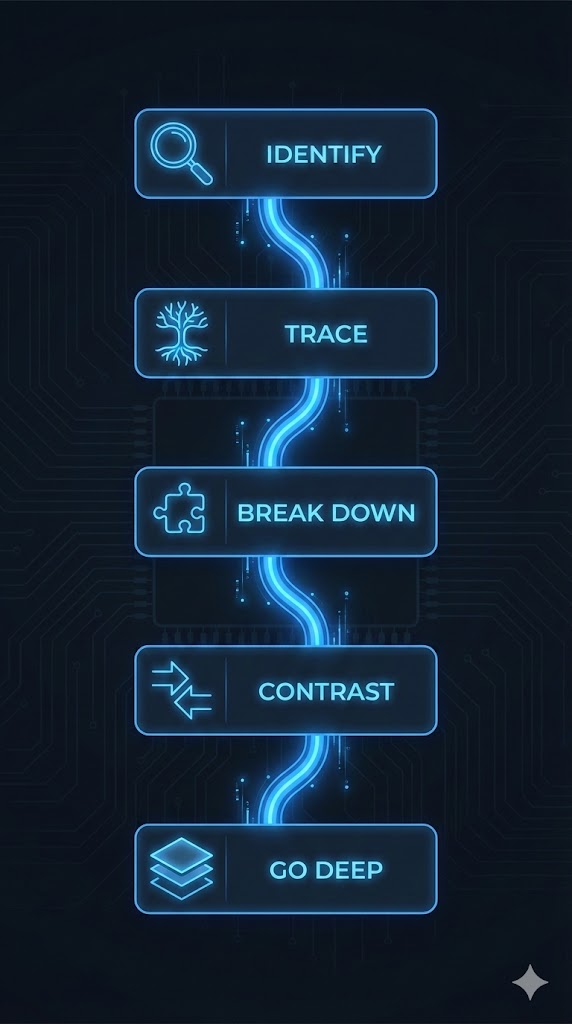 The Five Steps of the Clear Methodology - Identify, Trace, Break Down, Contrast, Go Deep